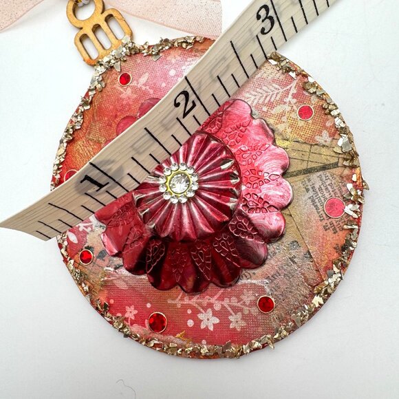 Handcrafted OOAK Red Medallion Ornament With Collage Design Floral Embellishment - Picture 3 of 10